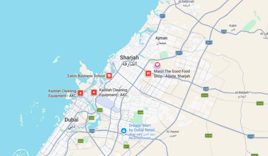 Service area map covering Dubai, Abu Dhabi and Sharjah