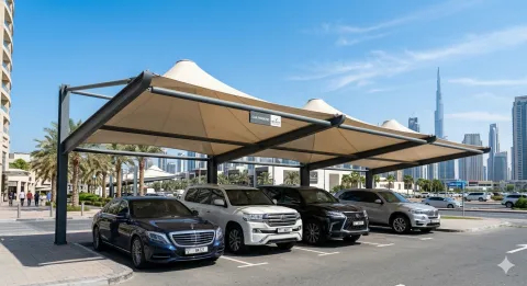 UAE car shade types comparison cantilever arch H-frame HDPE polycarbonate